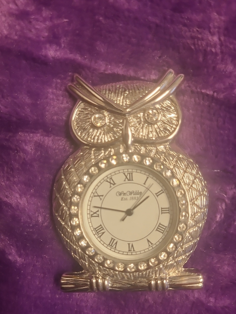 Silver Owl Decorative Desk Clock with Crystal Accents